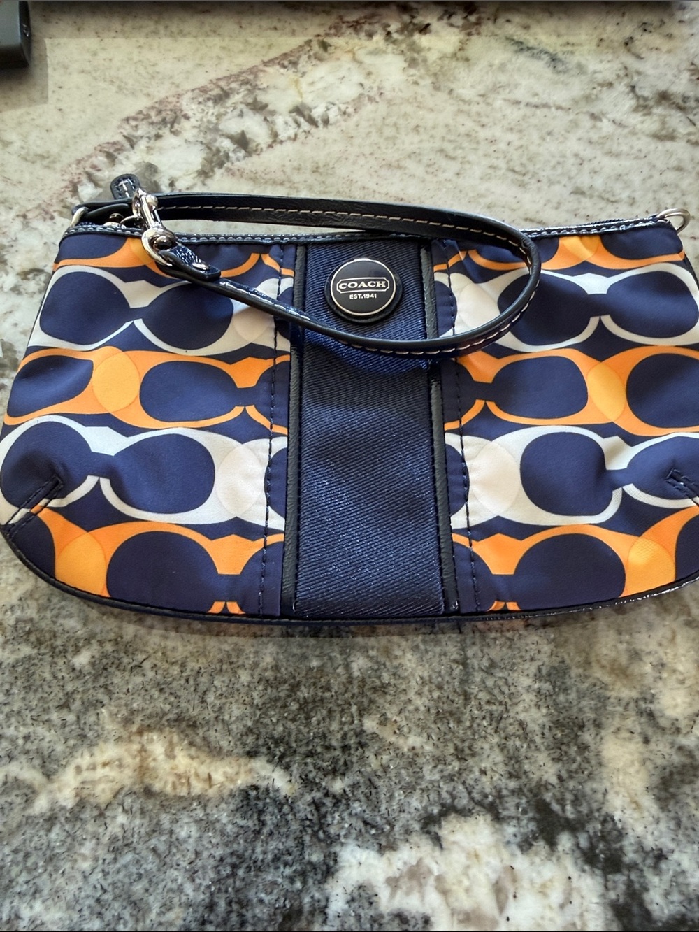COACH LG Navy, Orange & White Signature Wristlet 9 1/2 x 5 1/2